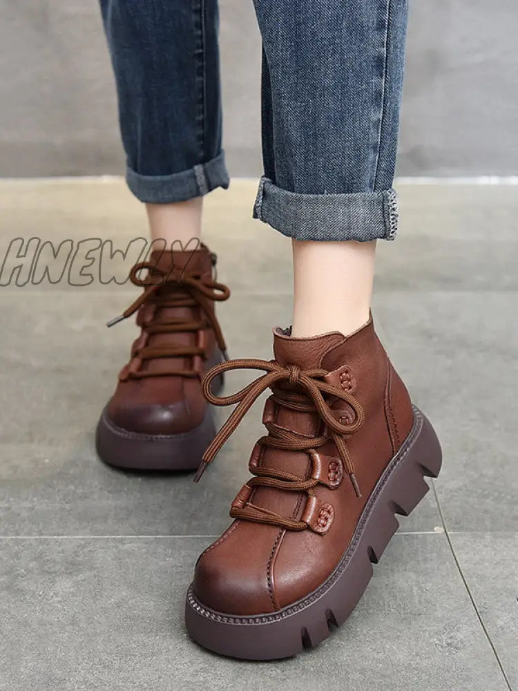 Hnewly - Vintage Cow Leather Wool Boots Platform Shoes