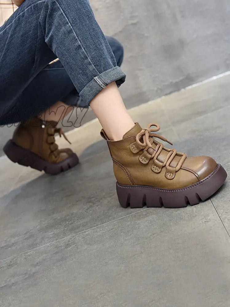 Hnewly - Vintage Cow Leather Wool Boots Platform Shoes