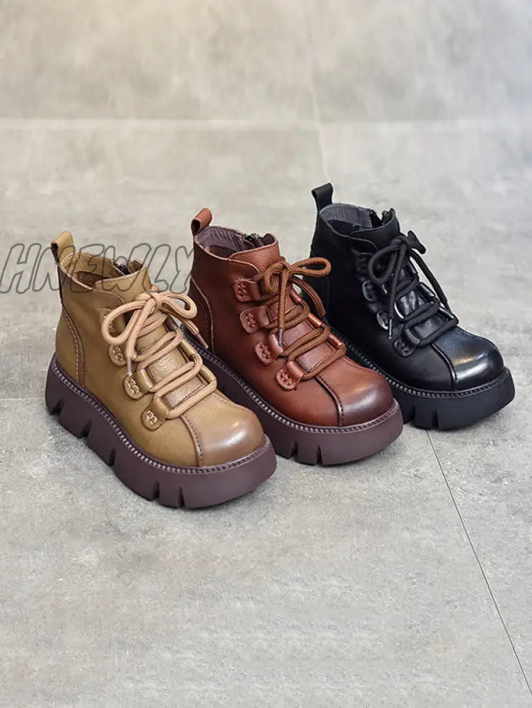 Hnewly - Vintage Cow Leather Wool Boots Platform Shoes