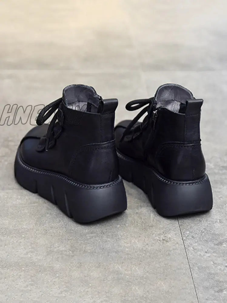 Hnewly - Vintage Cow Leather Wool Boots Platform Shoes