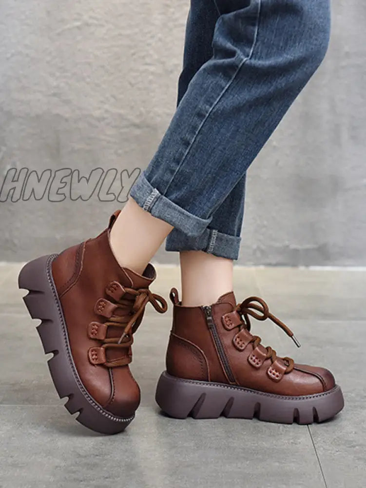 Hnewly - Vintage Cow Leather Wool Boots Platform Shoes