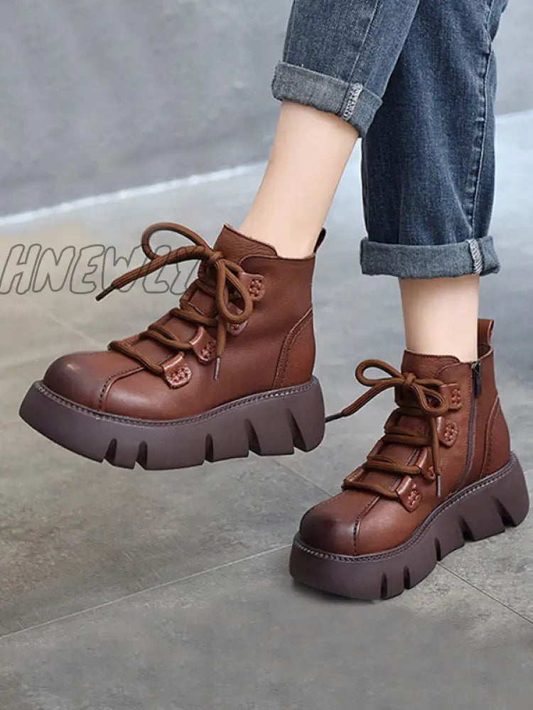 Hnewly - Vintage Cow Leather Wool Boots Platform Shoes