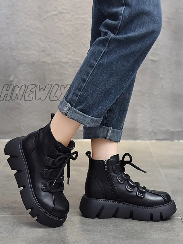 Hnewly - Vintage Cow Leather Wool Boots Platform Shoes