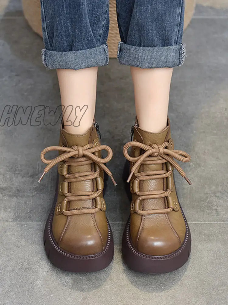 Hnewly - Vintage Cow Leather Wool Boots Platform Shoes