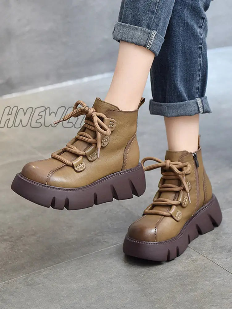 Hnewly - Vintage Cow Leather Wool Boots Platform Shoes