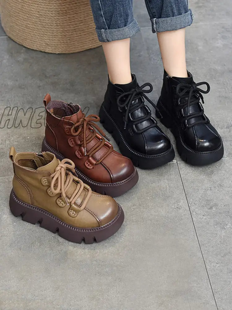 Hnewly - Vintage Cow Leather Wool Boots Platform Shoes