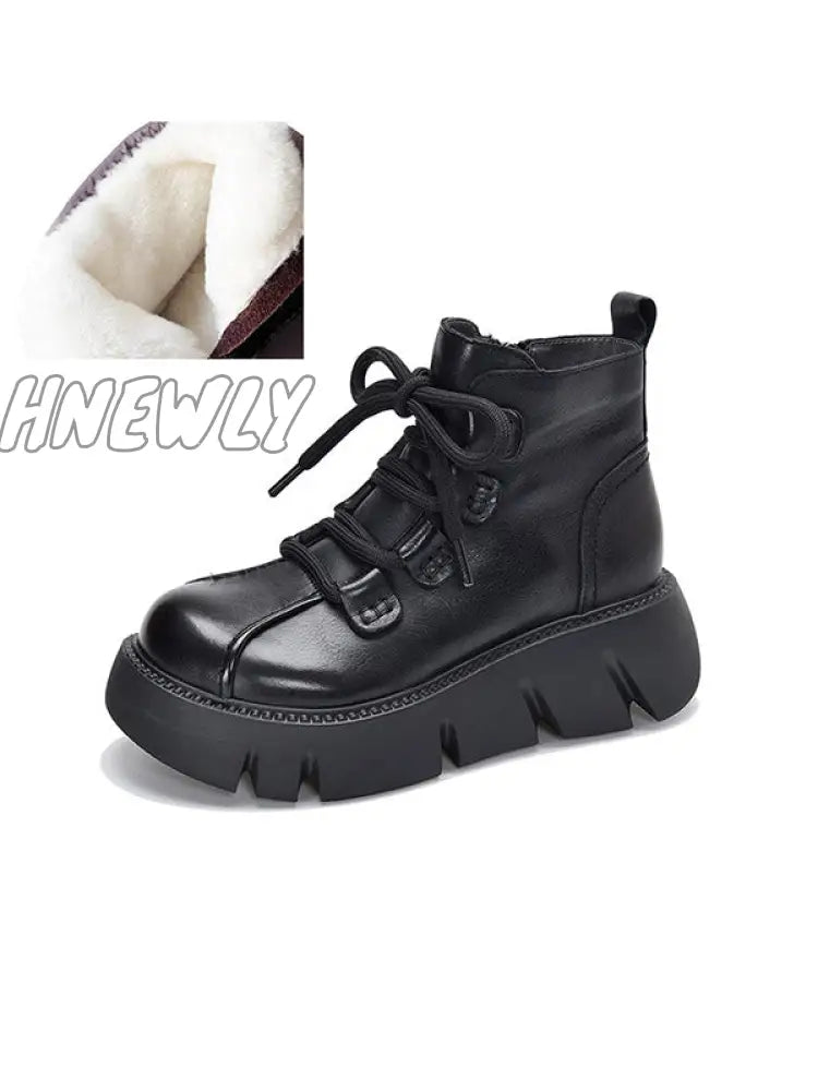 Hnewly - Vintage Cow Leather Wool Boots Platform Shoes Black / 34