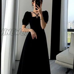 Hnewly Vintage Dress Women Slim Summer Simple Square Collar Party Chic Sundress Korean Midi Daily