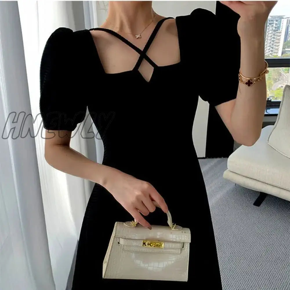 Hnewly Vintage Dress Women Slim Summer Simple Square Collar Party Chic Sundress Korean Midi Daily