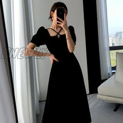 Hnewly Vintage Dress Women Slim Summer Simple Square Collar Party Chic Sundress Korean Midi Daily