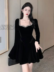 Hnewly Vintage Elegant Black Party Dresses Evening Retro Velvet Tepmweament Wrap Slim Mini Short