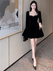 Hnewly Vintage Elegant Black Party Dresses Evening Retro Velvet Tepmweament Wrap Slim Mini Short