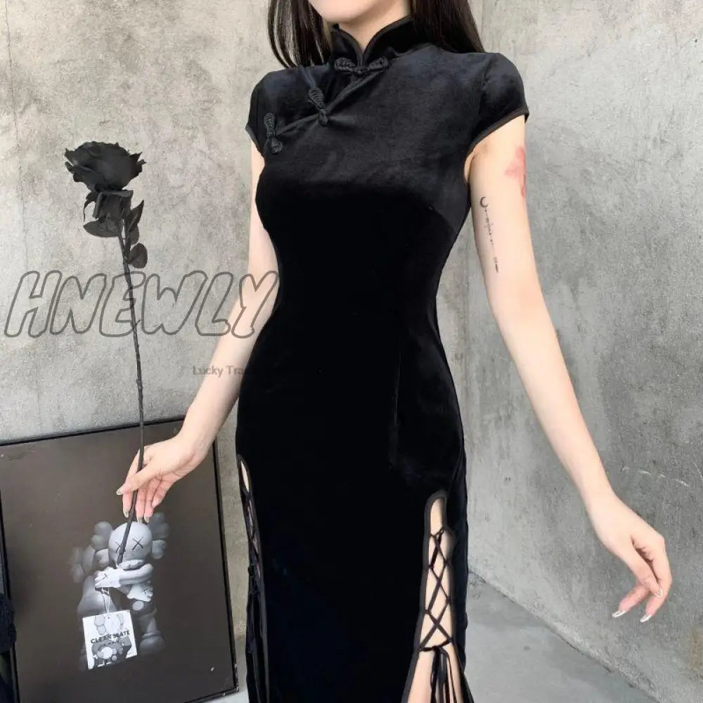 Hnewly Vintage Elegant Black Velvet Dress Women Harajuku Lace Up Slit Waist Aesthetic Dresses Slim