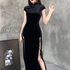 Hnewly Vintage Elegant Black Velvet Dress Women Harajuku Lace Up Slit Waist Aesthetic Dresses Slim