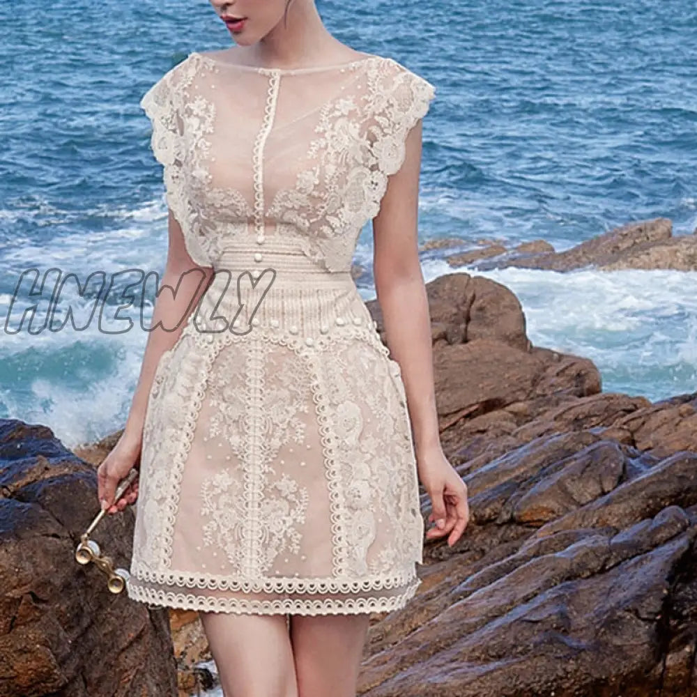 Hnewly Vintage Embroidery Flora Dress For Women Sleeveless High Waisted Elegant Party Mini Dresses