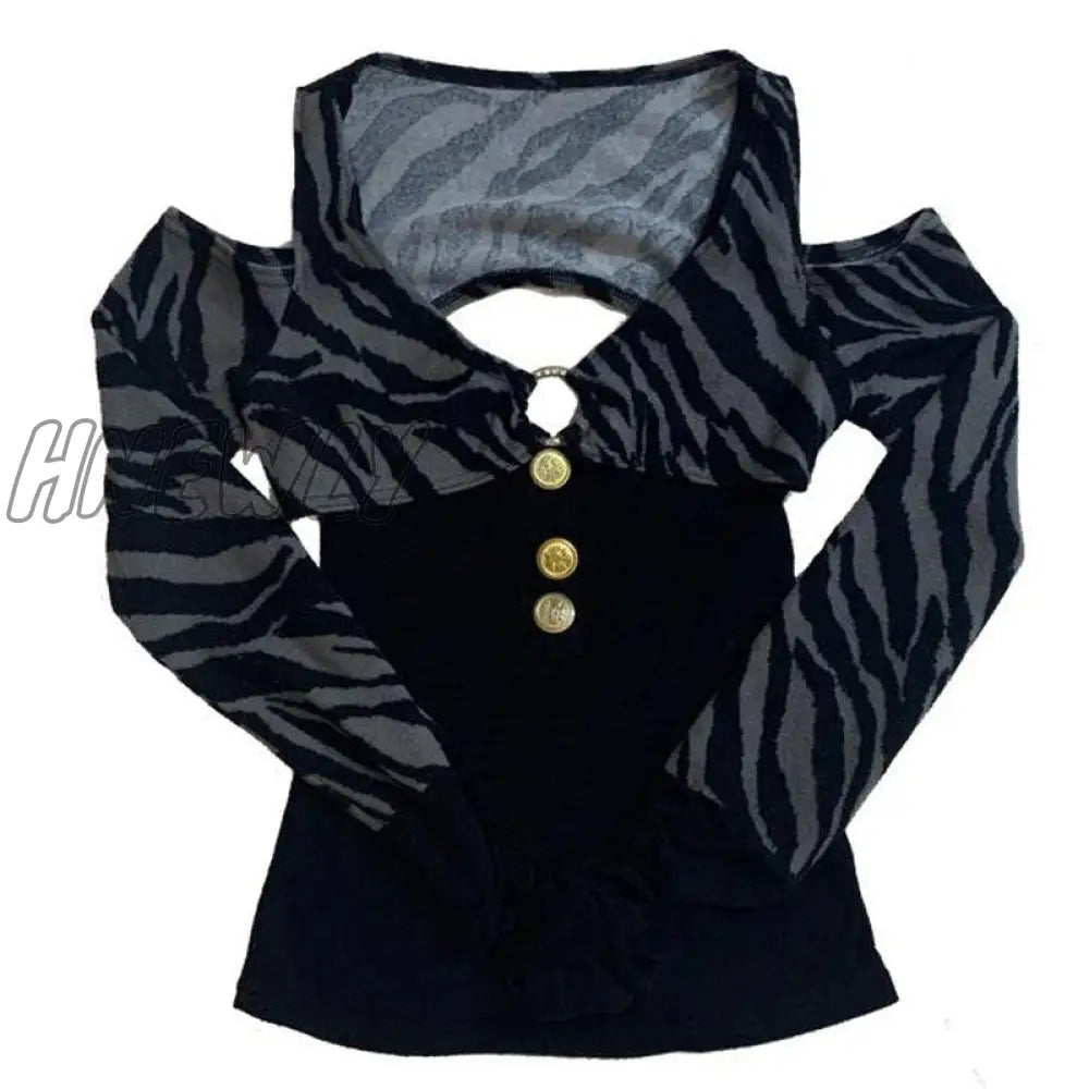 Hnewly Vintage Grunge Patchwork T-Shirt Button V Neck Backless Long Sleeve Skinny Pullovers Tee