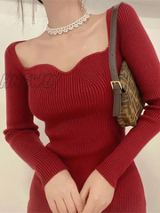 Hnewly Vintage Harajuku Slim Sweater Dress Women Autumn Winter Long Sleeve Bodycon Knitted Midi