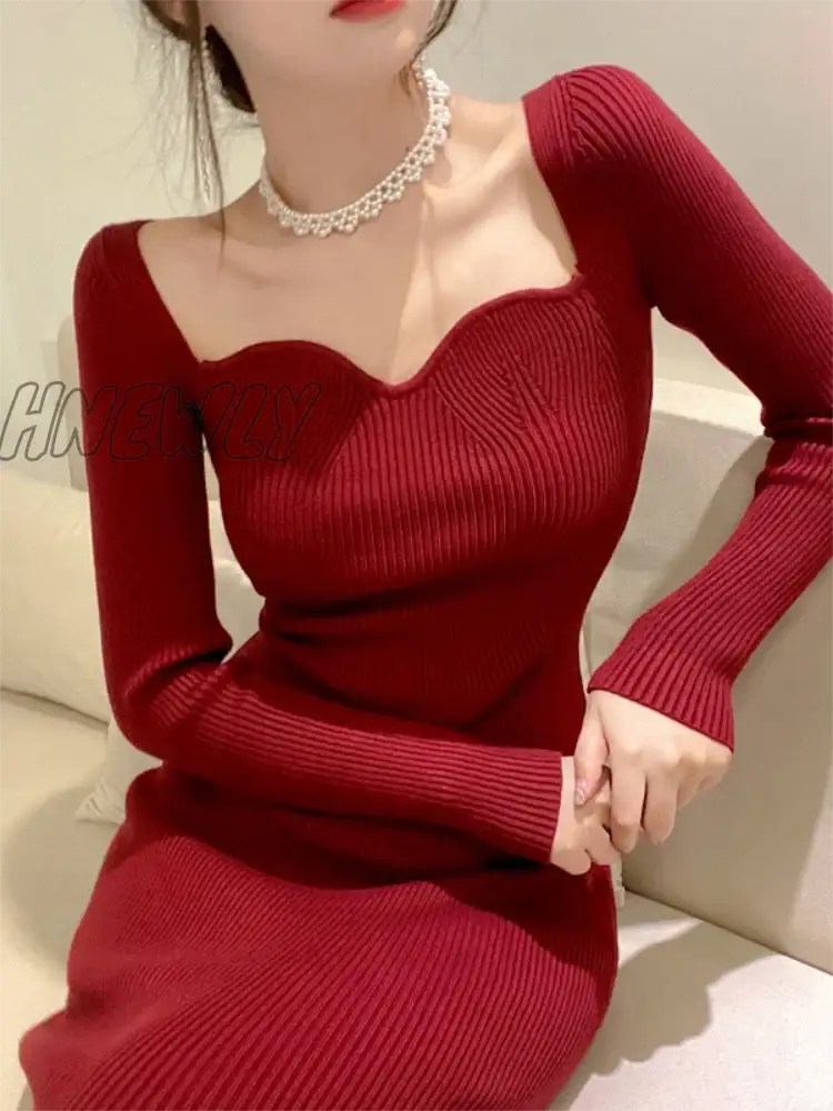 Hnewly Vintage Harajuku Slim Sweater Dress Women Autumn Winter Long Sleeve Bodycon Knitted Midi