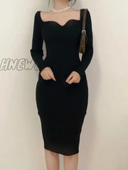 Hnewly Vintage Harajuku Slim Sweater Dress Women Autumn Winter Long Sleeve Bodycon Knitted Midi