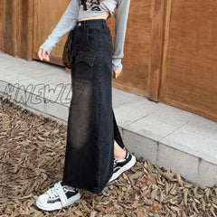 Hnewly Vintage High Waist Denim Skirt Women 2024 Streetwear Mid-Length A Line Woman Korean Pocket