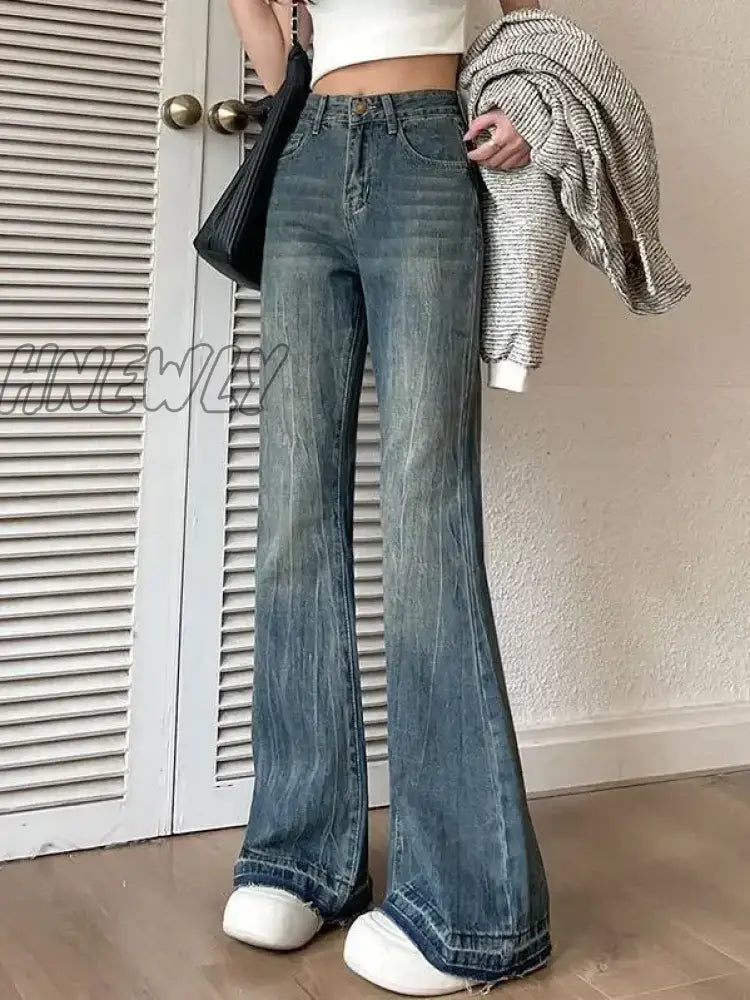 Hnewly Vintage High Waist Jeans Women Skinny Flared Pants New Washed Craft Horseshoe Fashionable