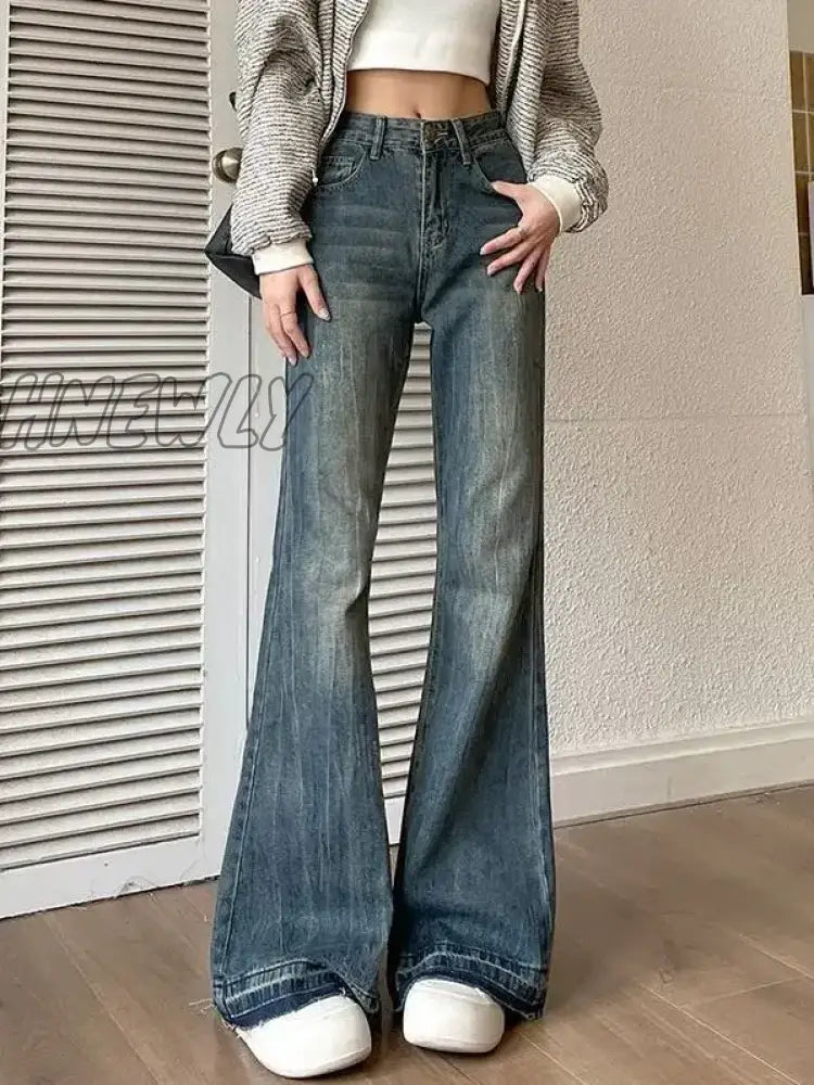 Hnewly Vintage High Waist Jeans Women Skinny Flared Pants New Washed Craft Horseshoe Fashionable