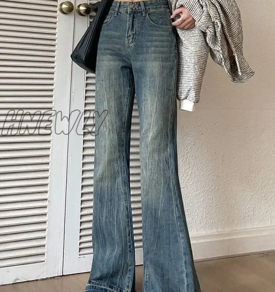 Hnewly Vintage High Waist Jeans Women Skinny Flared Pants New Washed Craft Horseshoe Fashionable