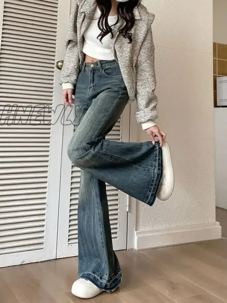 Hnewly Vintage High Waist Jeans Women Skinny Flared Pants New Washed Craft Horseshoe Fashionable