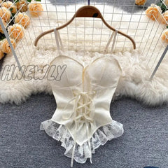 Hnewly Vintage Lace Corset Bustier Women Spaghetti Straps Tanks And Camis Sexy Slim Crop Top Urban