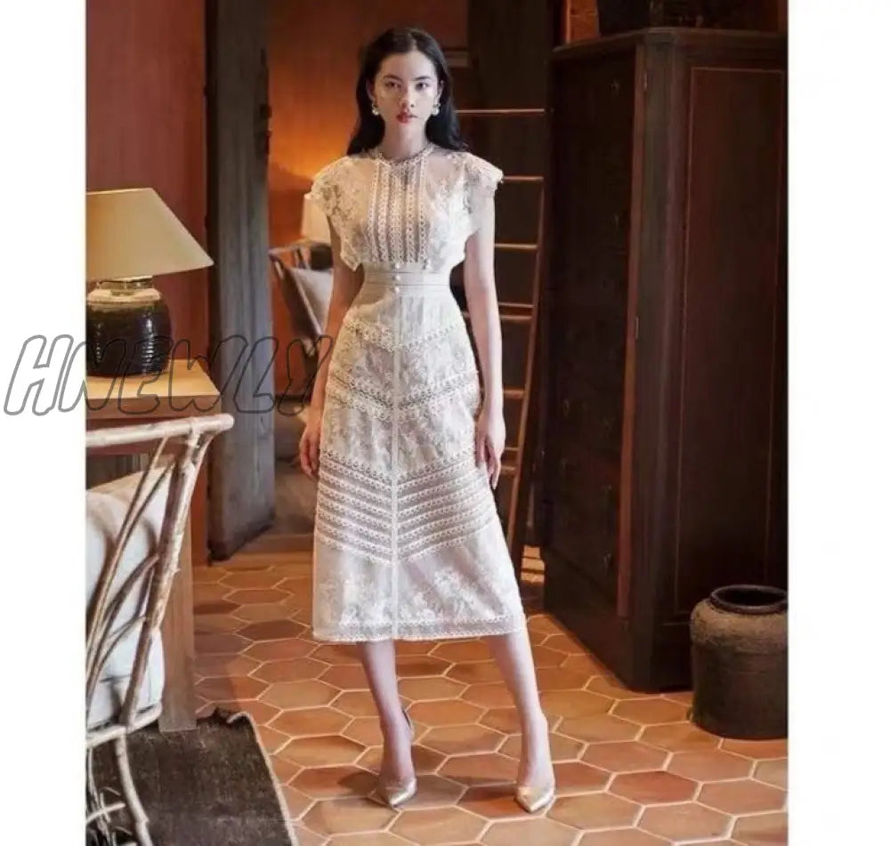 Hnewly Vintage Lace Dress For Woman Striped O-Neck Short-Sleeve Elegant Bodycon Dresses High Waist