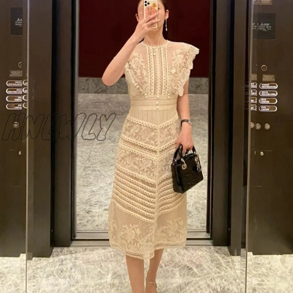 Hnewly Vintage Lace Dress For Woman Striped O-Neck Short-Sleeve Elegant Bodycon Dresses High Waist