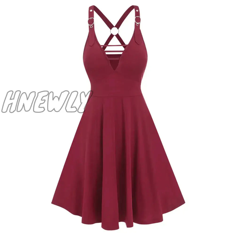 Hnewly Vintage New Buckle Strap Sleeveless O-Ring Flare Dress A Line Party Graduation Women Dresses