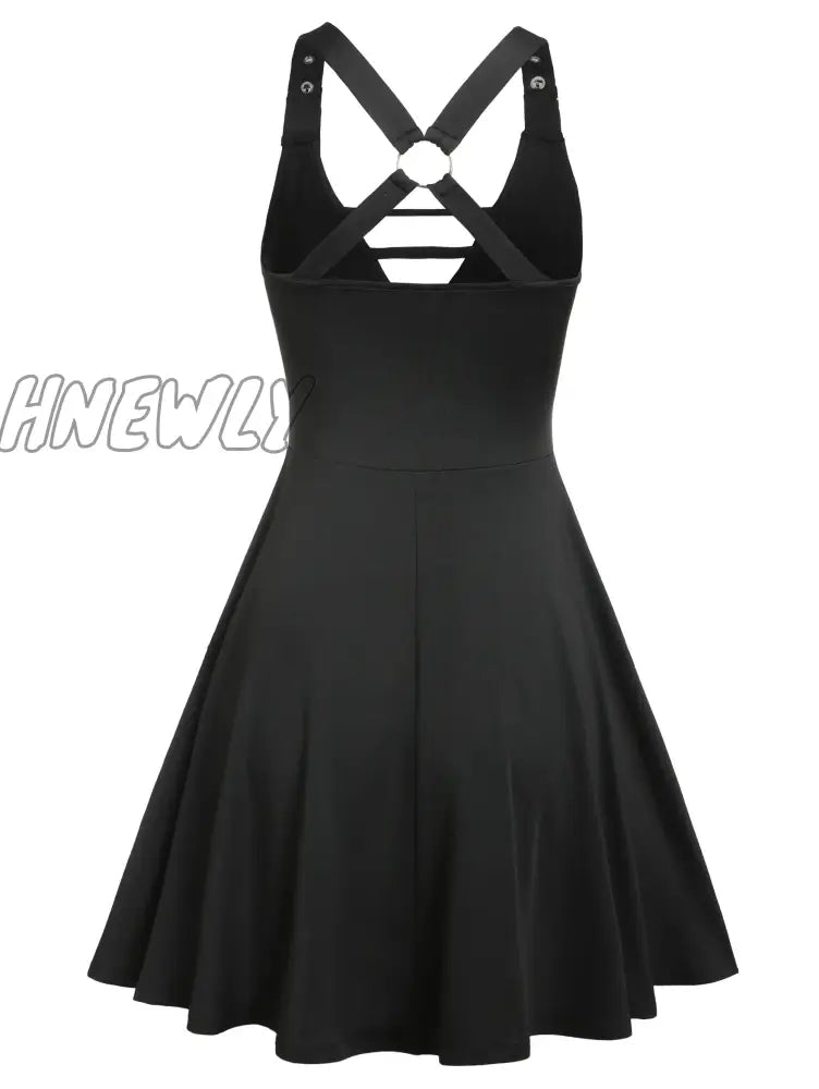 Hnewly Vintage New Buckle Strap Sleeveless O-Ring Flare Dress A Line Party Graduation Women Dresses