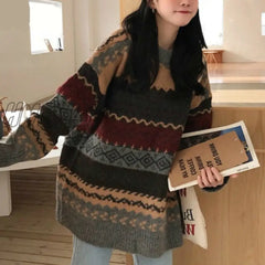 Hnewly Vintage Print Sweater Women O Neck Pullover Long Sleeve Pull Femme Autumn Winter New Loose