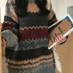 Hnewly Vintage Print Sweater Women O Neck Pullover Long Sleeve Pull Femme Autumn Winter New Loose