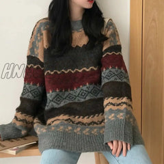 Hnewly Vintage Print Sweater Women O Neck Pullover Long Sleeve Pull Femme Autumn Winter New Loose