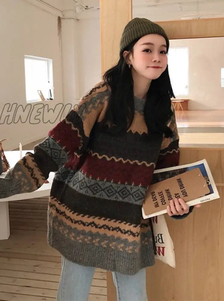 Hnewly Vintage Print Sweater Women O Neck Pullover Long Sleeve Pull Femme Autumn Winter New Loose