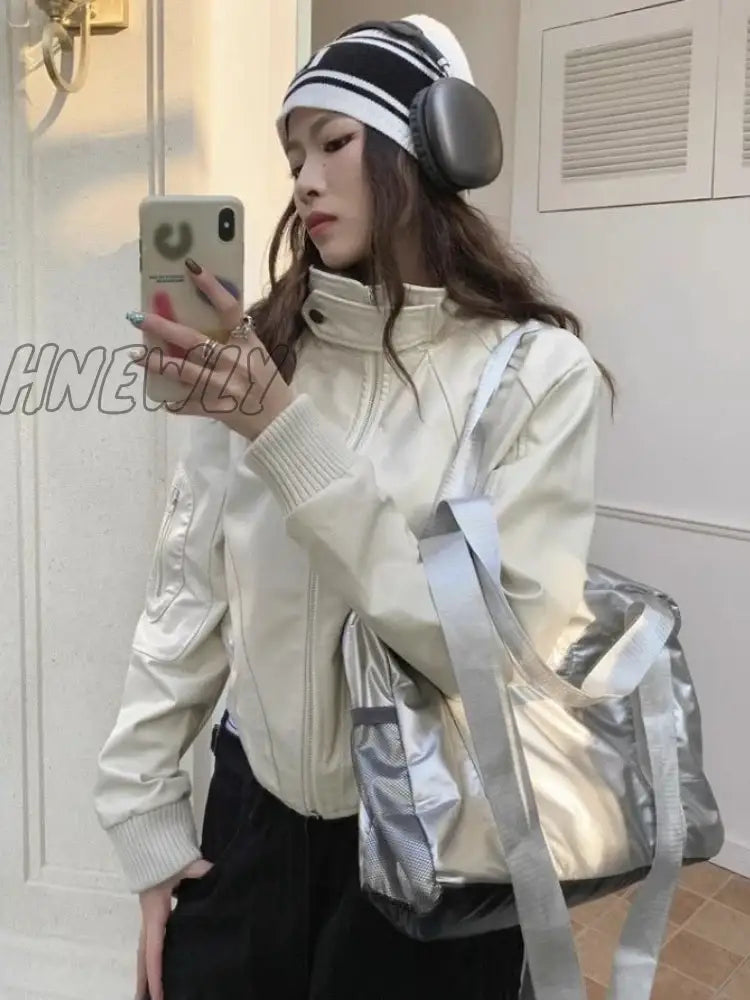 Deeptown Vintage Pu Leather Short Jackets Women Harajuku Kpop Zipper Motorcycle Coats Techwear