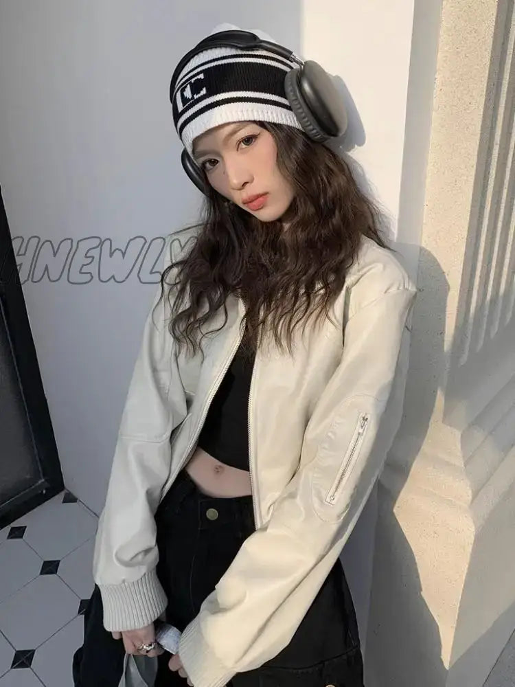 Deeptown Vintage Pu Leather Short Jackets Women Harajuku Kpop Zipper Motorcycle Coats Techwear