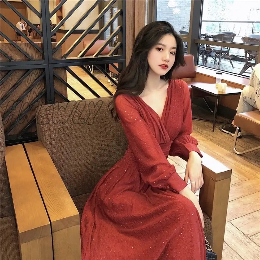 Vintage Sexy Maxi Dresses For Women Party Sequin Midi Female Casual Chiffon Slim Korean Woman