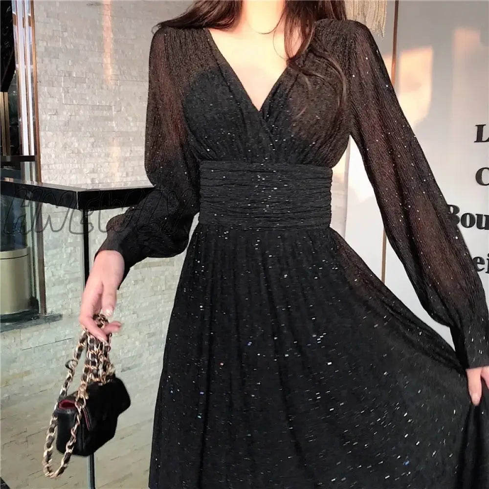 Vintage Sexy Maxi Dresses For Women Party Sequin Midi Female Casual Chiffon Slim Korean Woman