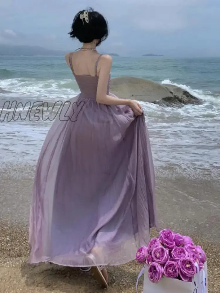 Hnewly Vintage Spaghetti Strap Purple Long Dresses For Women Summer Sexy Tulle Pleats Fairy Evening