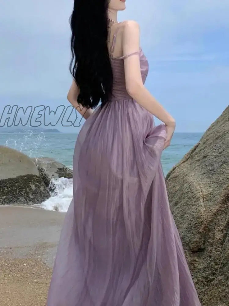 Hnewly Vintage Spaghetti Strap Purple Long Dresses For Women Summer Sexy Tulle Pleats Fairy Evening