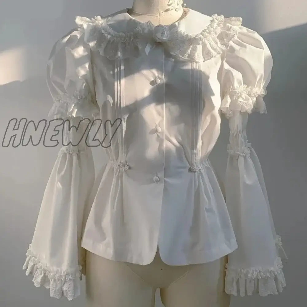 Hnewly Vintage Victorian Kawaii Lolita Shirts Women Gothic Lace Ruffles Rose Peter Pan Collar