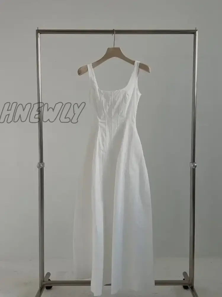 Vintage Woman Dress Beach Summer Y2K Sexy French Waist Slim Mid Length Sleeveless Halter White Long