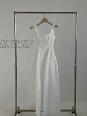 Vintage Woman Dress Beach Summer Y2K Sexy French Waist Slim Mid Length Sleeveless Halter White Long