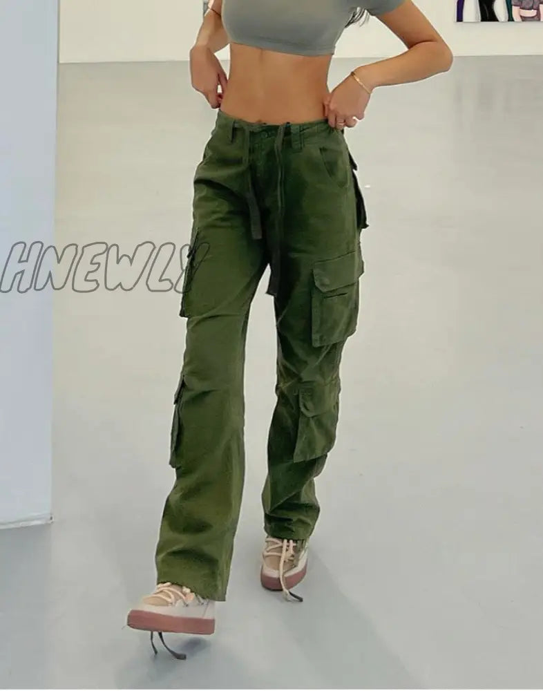 Hnewly Vintage Womens Pocket Cargo Jeans High Waist Baggy Straight Leg Comfy Casual Green Denim