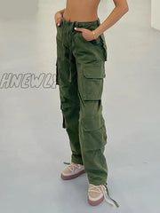 Hnewly Vintage Womens Pocket Cargo Jeans High Waist Baggy Straight Leg Comfy Casual Green Denim