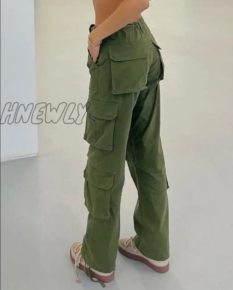 Hnewly Vintage Womens Pocket Cargo Jeans High Waist Baggy Straight Leg Comfy Casual Green Denim