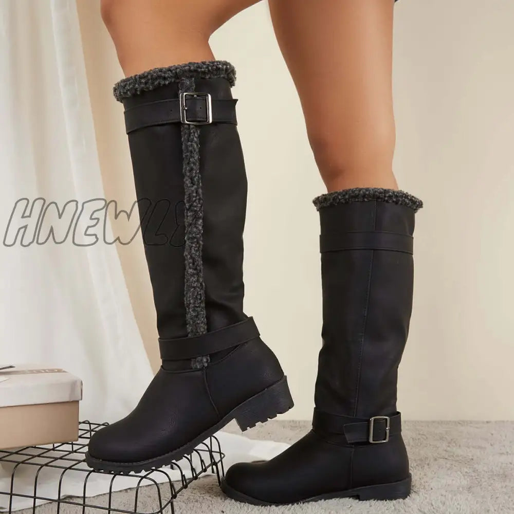 Hnewly Warm Knee High Snow Boots Winter Fur Lined Riding Black / 5